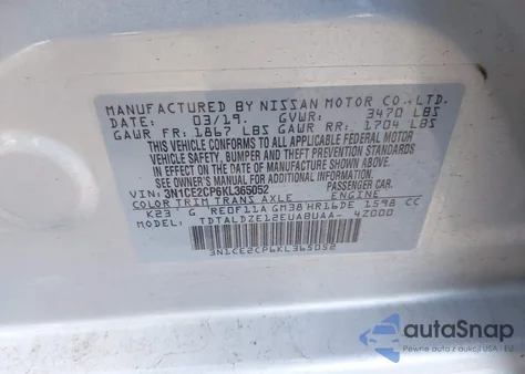 2019 Nissan Versa Note Sv from USA, damaged, VIN 3N1CE2CP6KL365052